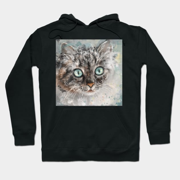 Chaotic Painting of a Grey and White Cat with Gorgeous Light Blue Eyes Hoodie by ibadishi